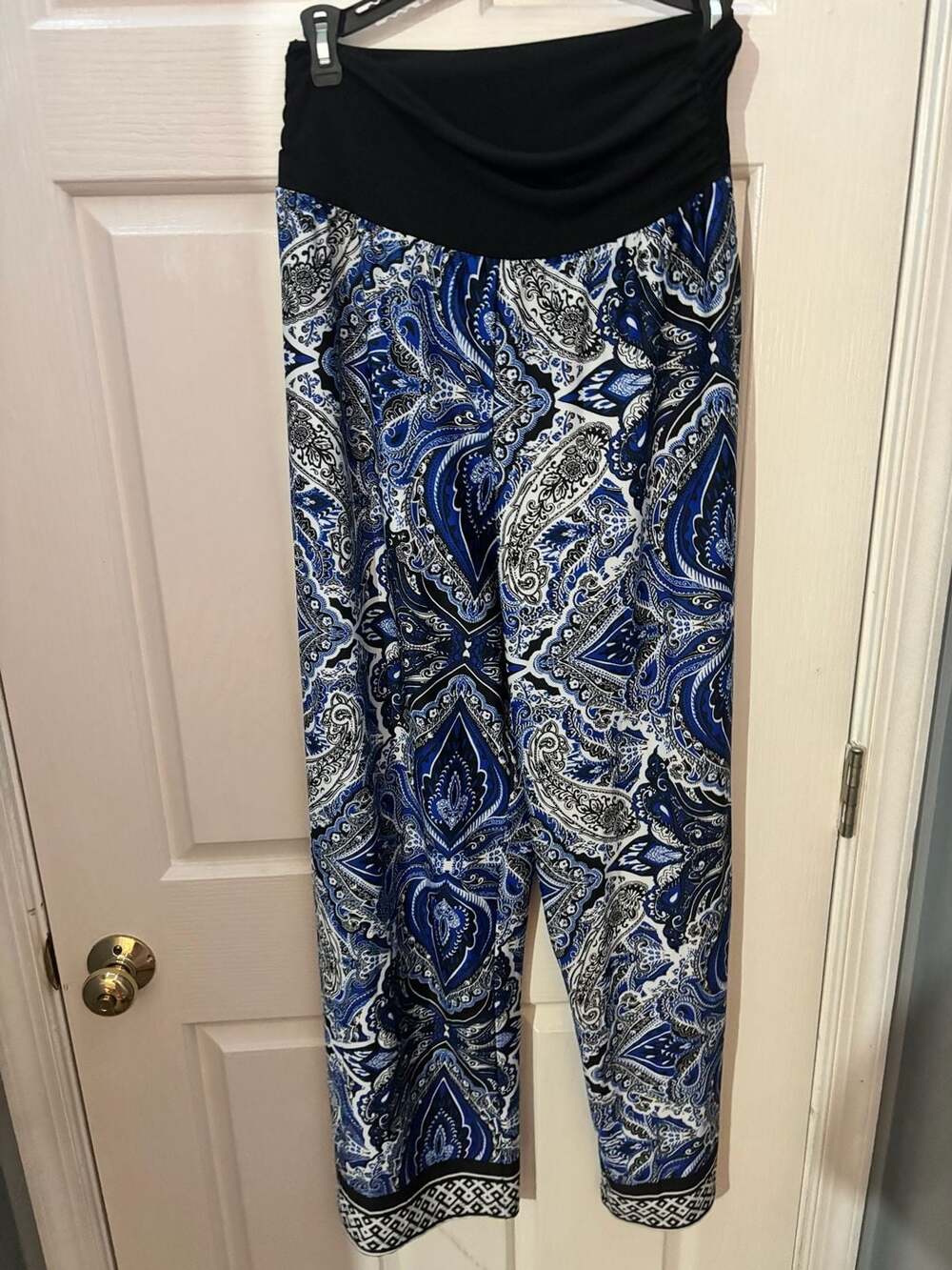 Apt. 9 Blue and Black Paisley Print Wide Leg Pants with Smocked Waist